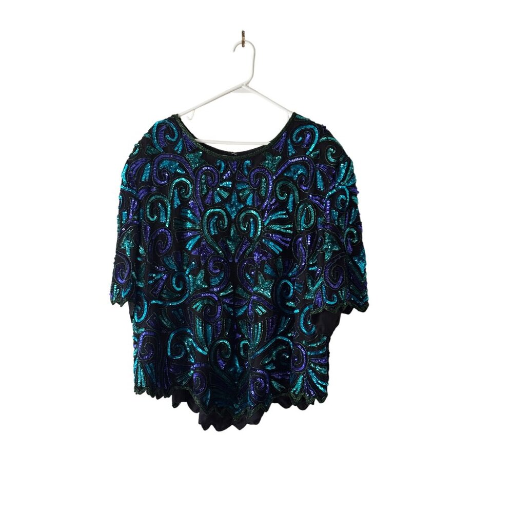 Vintage Laurence Kazar New York Silk Blue Beaded Sequins Sz 5X Party Evening Top - Picture 10 of 12